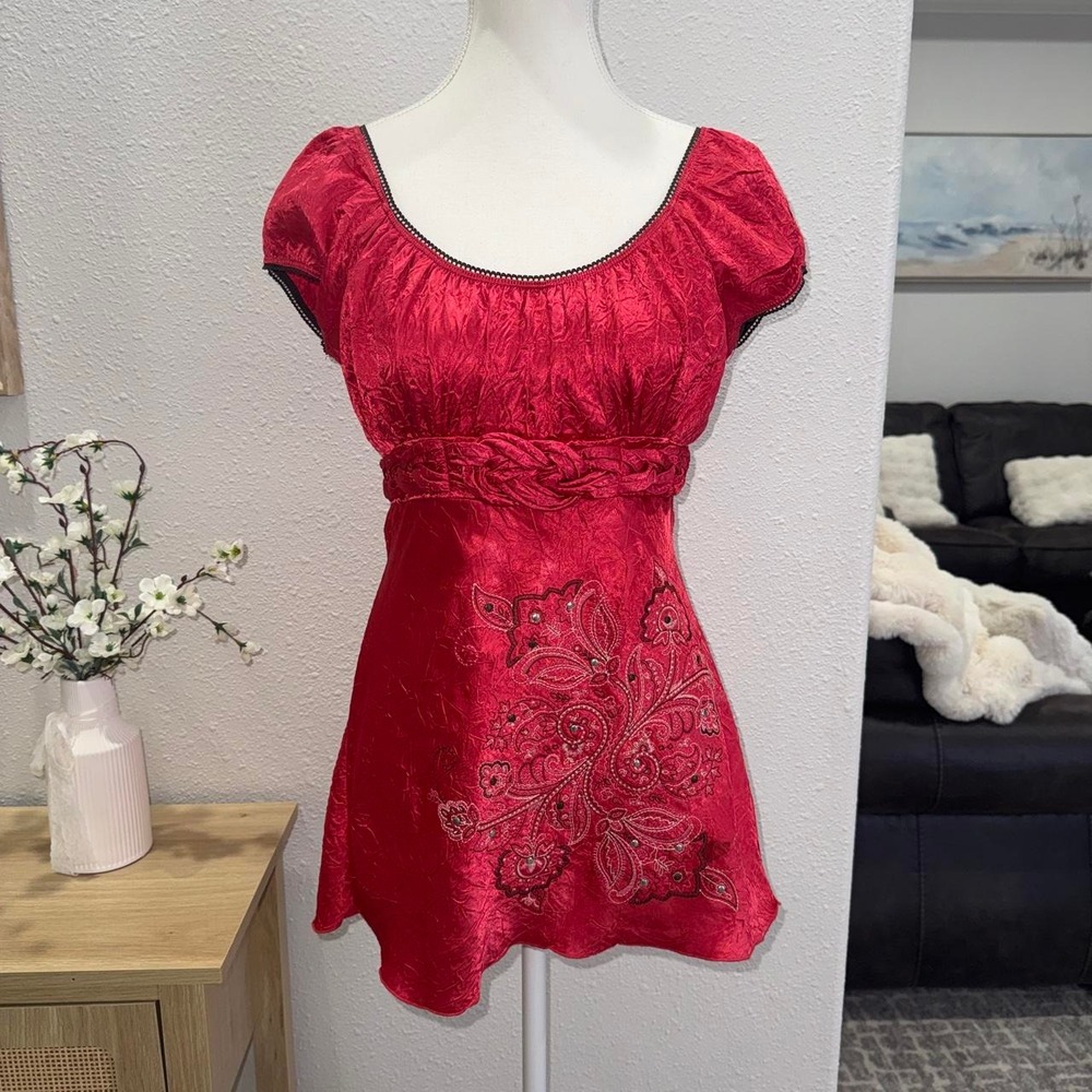 Vintage Y2K Crimson Red Beaded Babydoll Top by Heart N Soul ✨🌹